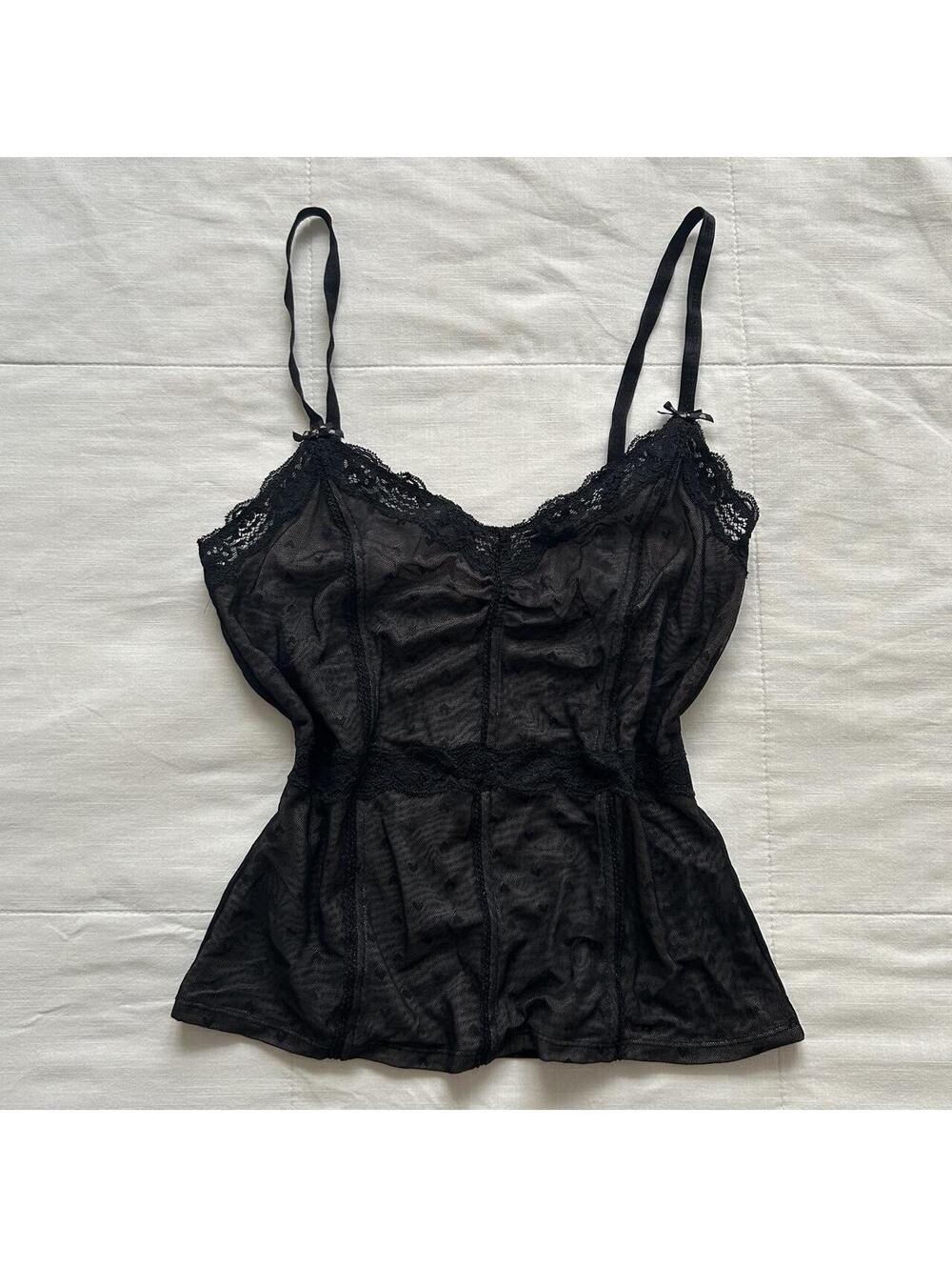 JLo Black Sheer Heart Print Mesh Lace Camisole Corset Top Size L